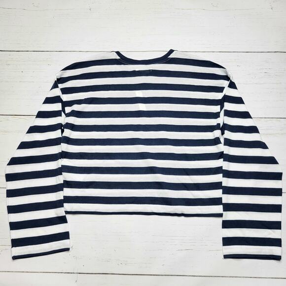 Madewell Drop Shoulder Pullover Crop Tee Navy Blue White Stripe Crew Neck Small - Picture 4 of 8